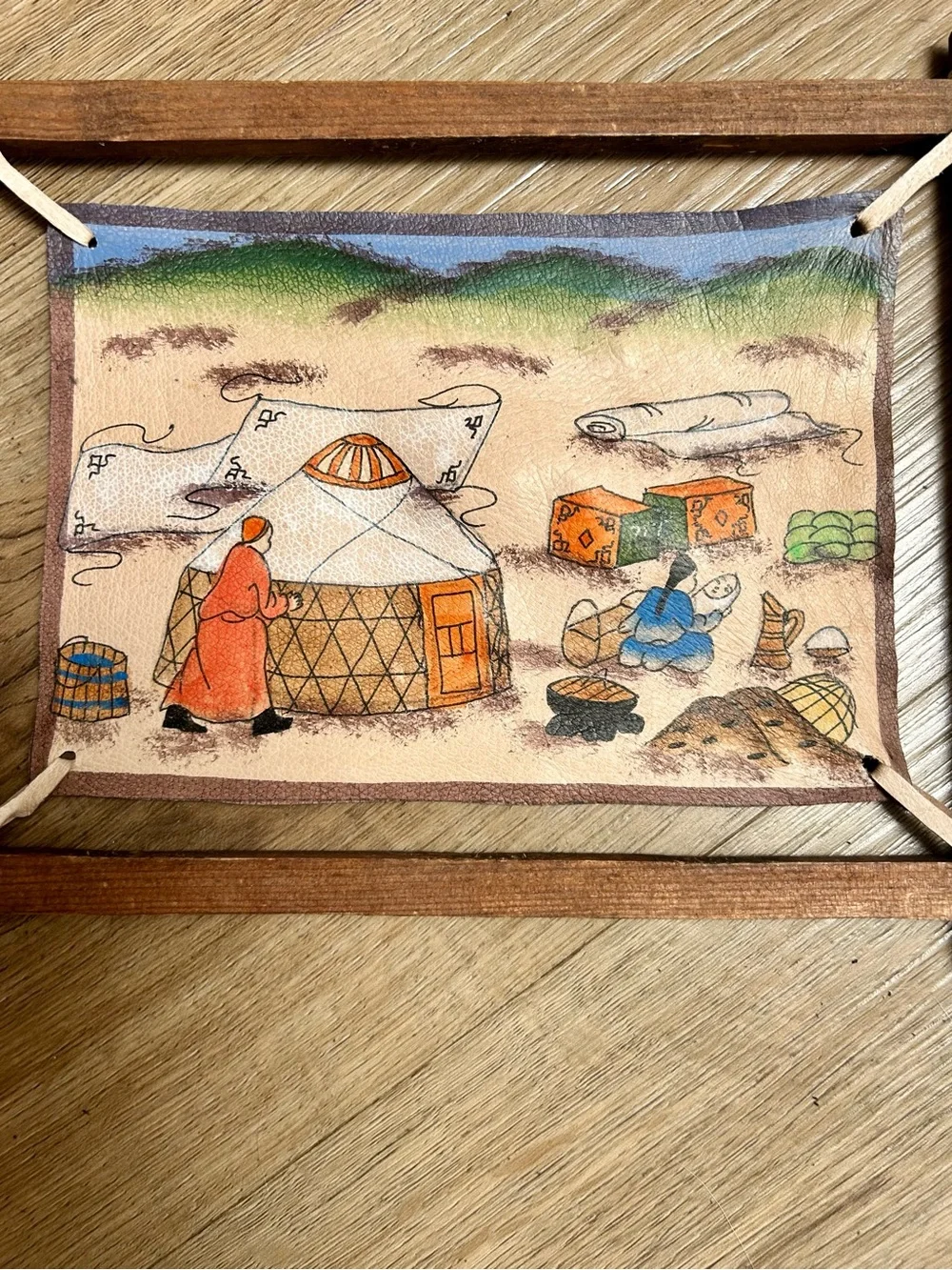 Vintage Mongolian Hand Painted Leather Folk Art Rustic Wood Frame Nomadic Scene